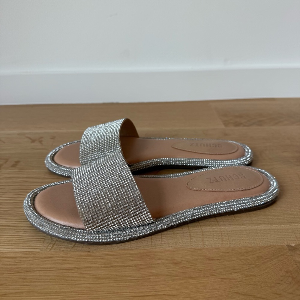 SCHUTZ Silver Embellished Slide Sandals - Alcina Nubuck Sandal